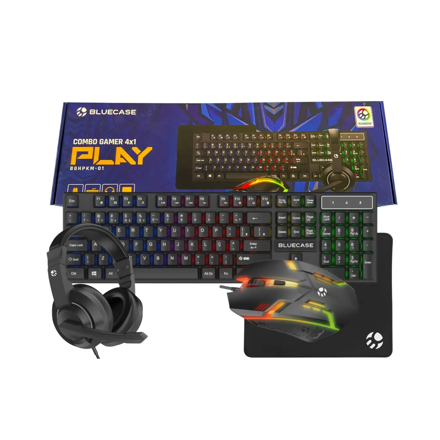 Combo Gamer 4X1 - Teclado+Mouse+Headset+Mousepad, Play, Led RGB, Preto - BGHPKM-01BX