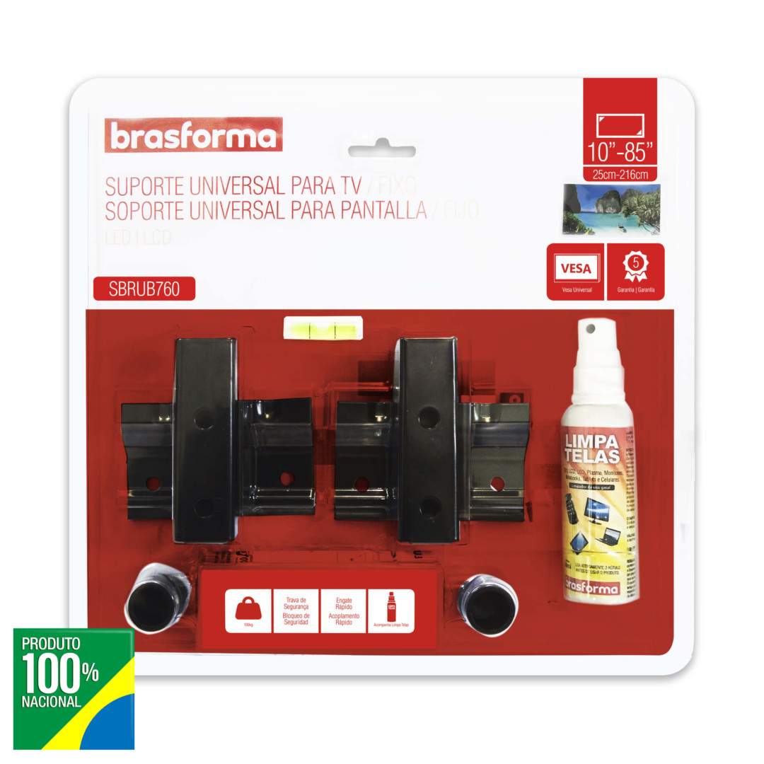 Suporte FIXO UNIVERSAL para TV LED, LCD, Plasma, 3D e Smart TV de 10” a 85”- Brasforma SBRUB 760 + Limpa Telas e Nível Bolha