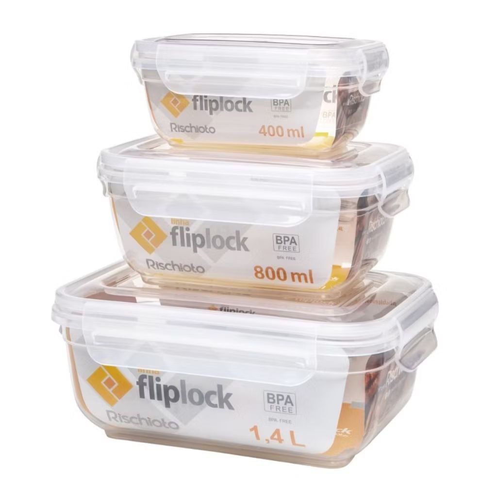 Kit 3 Pote Flip Lock Rischioto 400Ml 800Ml 1,4L Plástico.