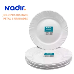 Kit de 06 Pratos de Refeição 25,5cm Pétala de Vidro Branco Nadir