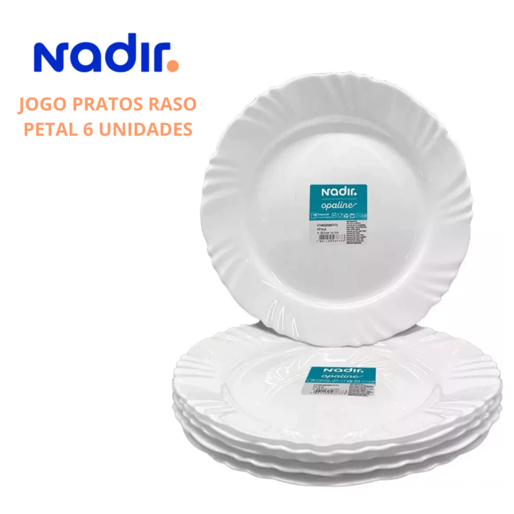 Kit de 06 Pratos de Refeição 25,5cm Pétala de Vidro Branco Nadir